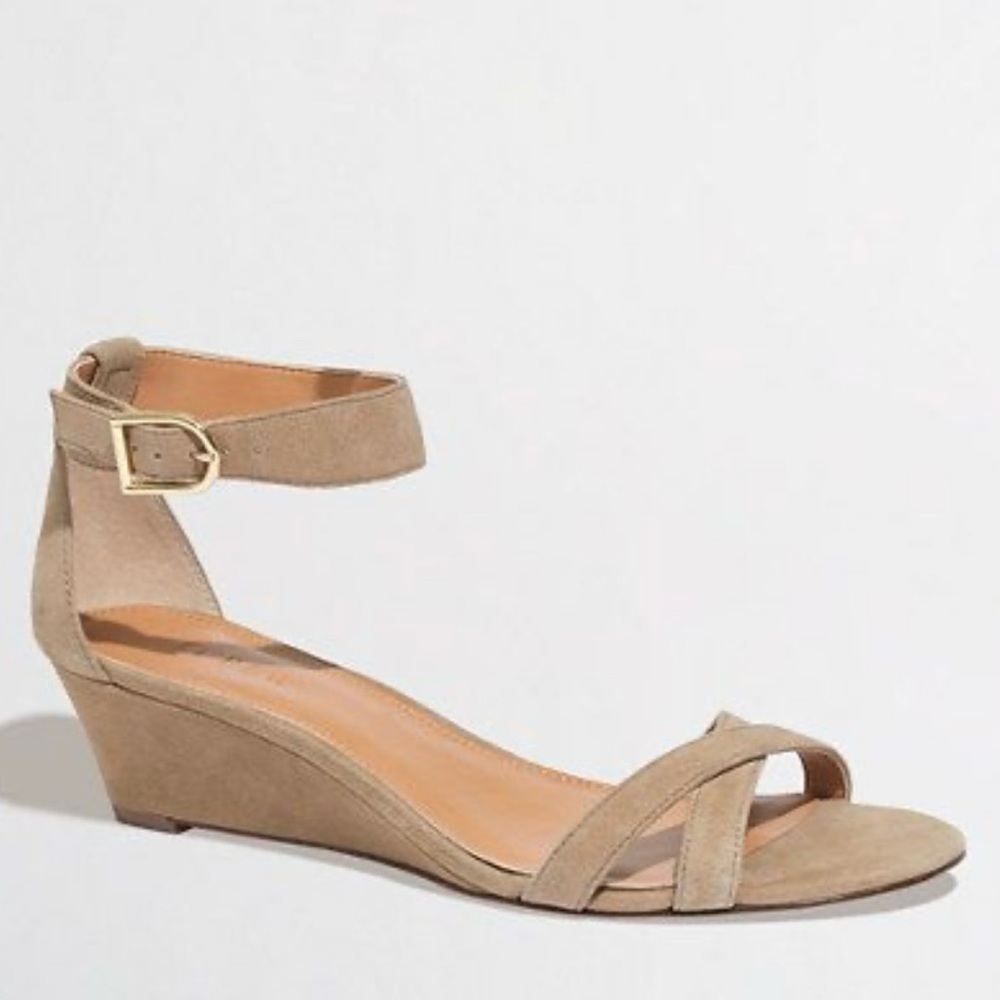 J Crew Demi Wedge Tan Suede Sandals Ankle Strap size 8 Beige Summer Shoes